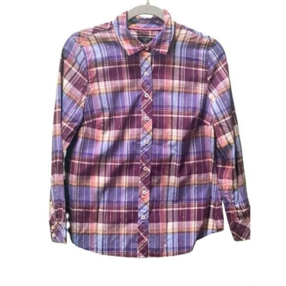 Talbots Long Sleeve Madras Plaid Cotton Blend Metallic Thread Shirt Size S/P - Picture 3 of 5